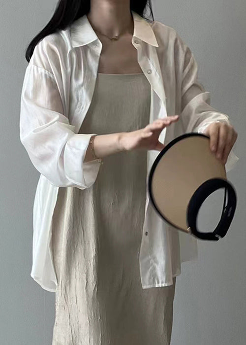 New White Lace Up Button Silk Shirt Long Sleeve KK015