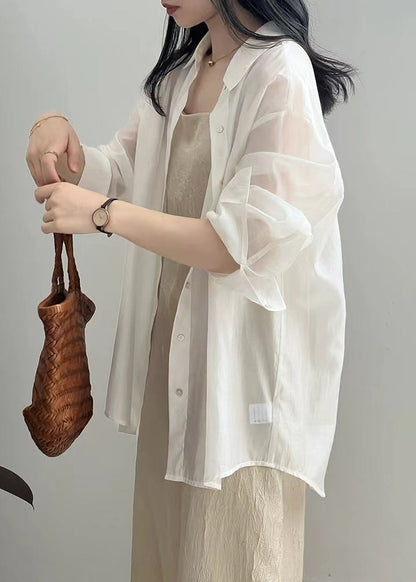 New White Lace Up Button Silk Shirt Long Sleeve KK015