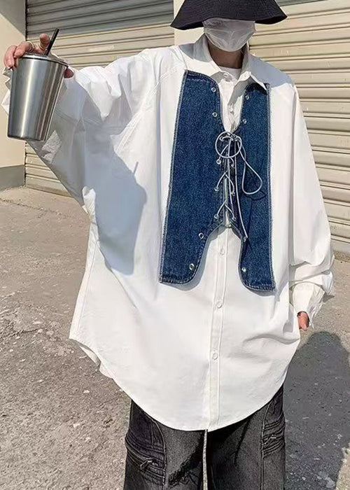 Shirt Mens Up Denim New White Spring Patchwork Lace