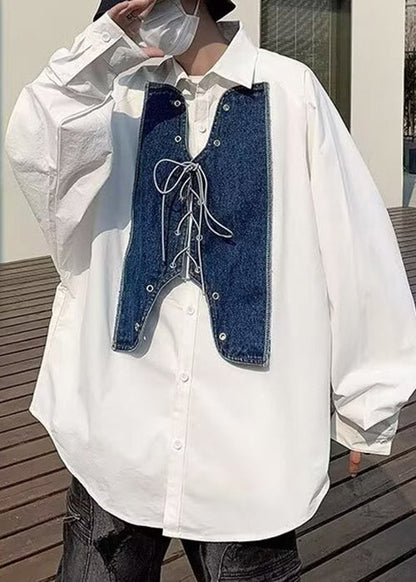 Shirt Mens Up Denim New White Spring Patchwork Lace