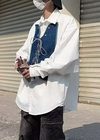 Shirt Mens Up Denim New White Spring Patchwork Lace