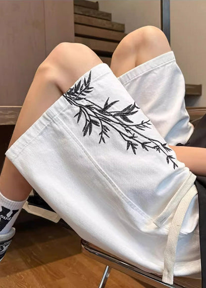 Up Elastic White New Denim Waist Shorts Pockets Lace Men