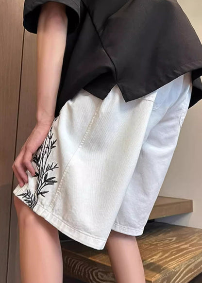 Up Elastic White New Denim Waist Shorts Pockets Lace Men