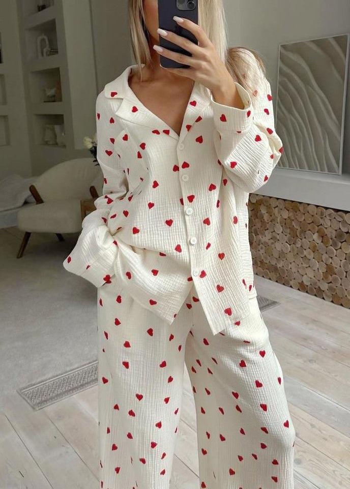 Fall Love Sets White Print Notched New Pajama Cotton