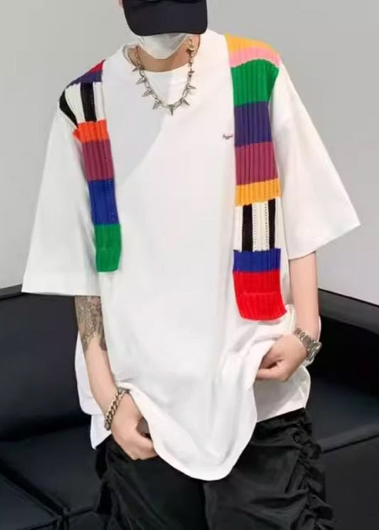 Neck New Men Cotton White Sleeve Half O T Patchwork Shirt