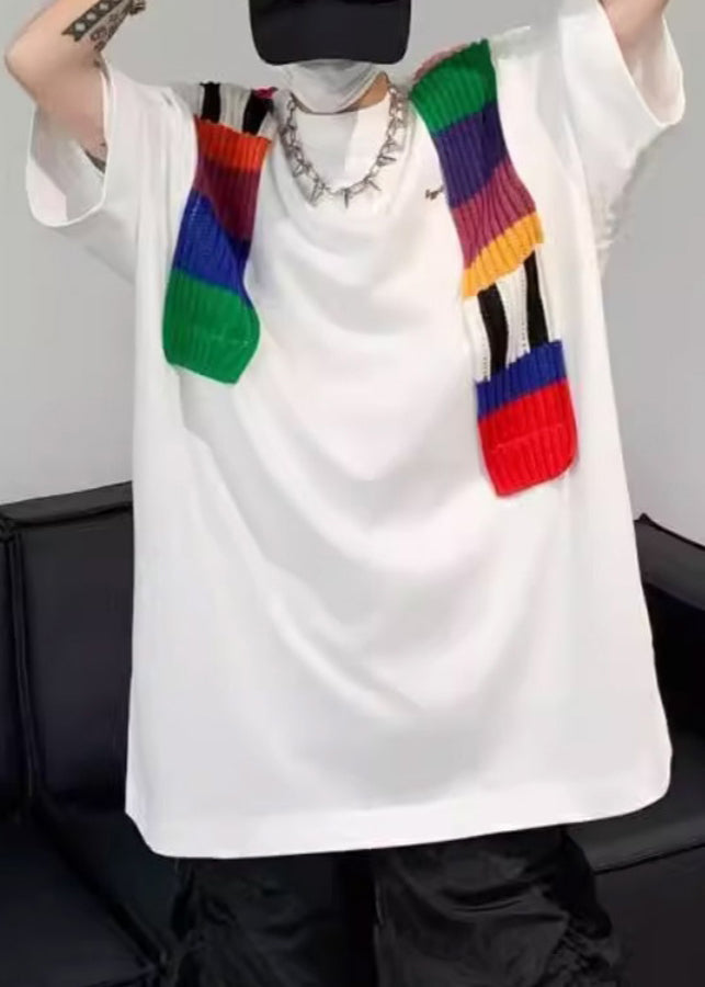 Neck New Men Cotton White Sleeve Half O T Patchwork Shirt