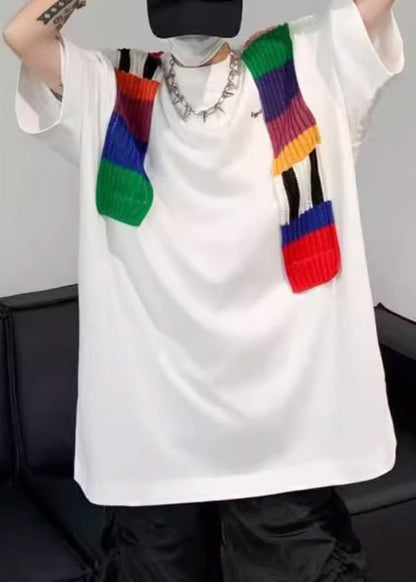 Neck New Men Cotton White Sleeve Half O T Patchwork Shirt