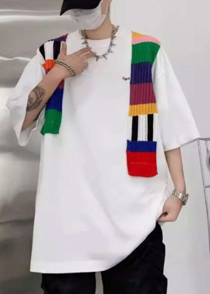 Neck New Men Cotton White Sleeve Half O T Patchwork Shirt