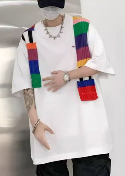 Neck New Men Cotton White Sleeve Half O T Patchwork Shirt