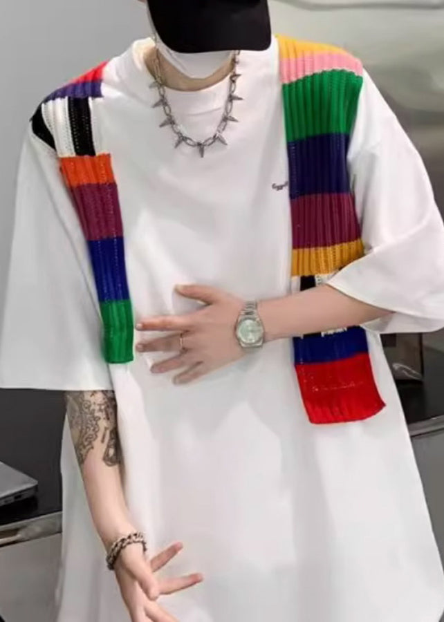 Neck New Men Cotton White Sleeve Half O T Patchwork Shirt