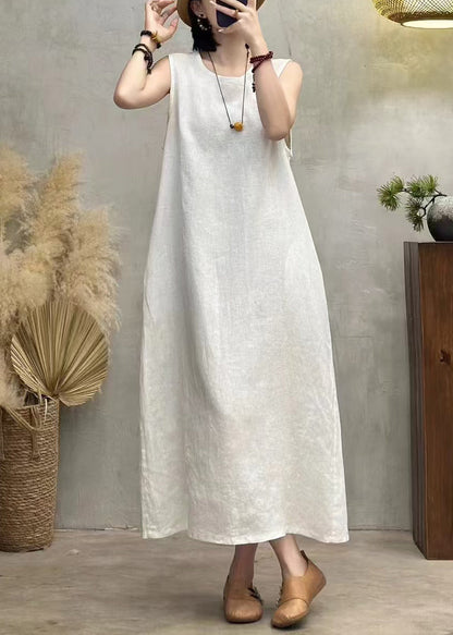 Solid Neck Dress Pockets New Long White Sleeveless O Linen
