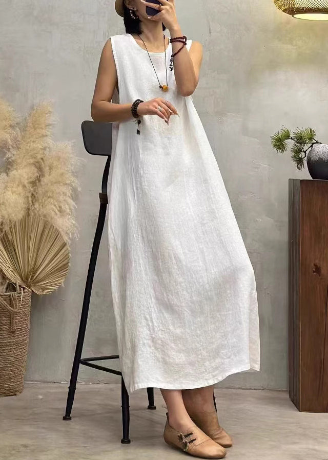 Solid Neck Dress Pockets New Long White Sleeveless O Linen