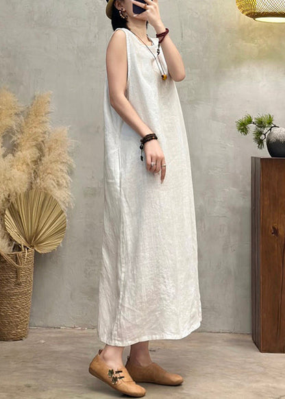 Solid Neck Dress Pockets New Long White Sleeveless O Linen