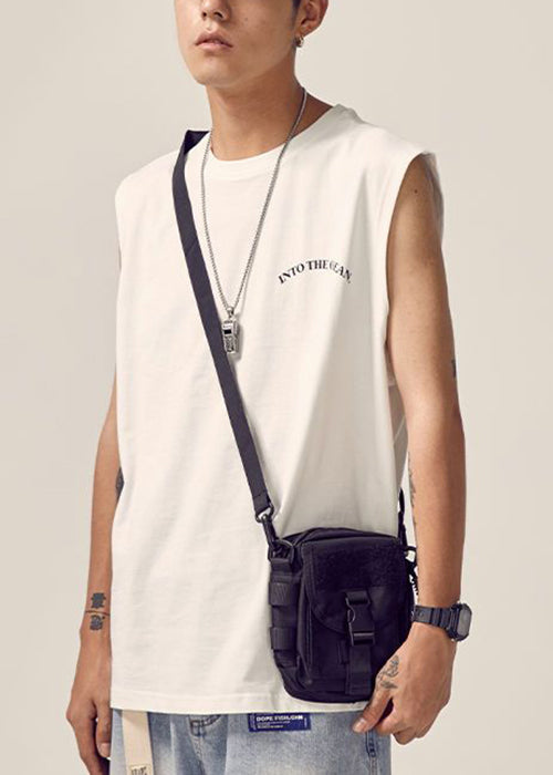 White Cotton Men Tank Neck O Print New Sleeveless