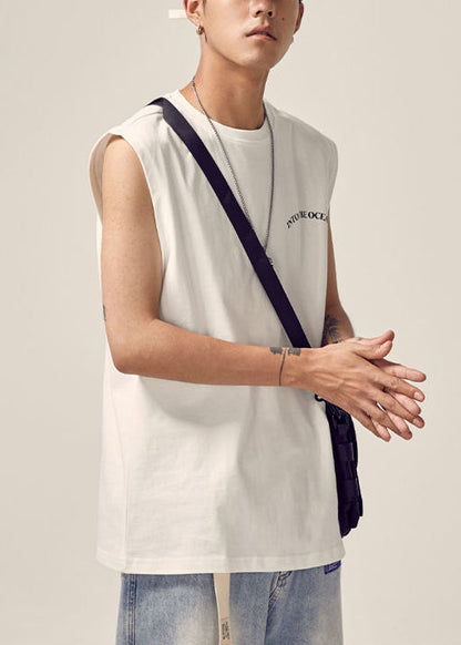White Cotton Men Tank Neck O Print New Sleeveless