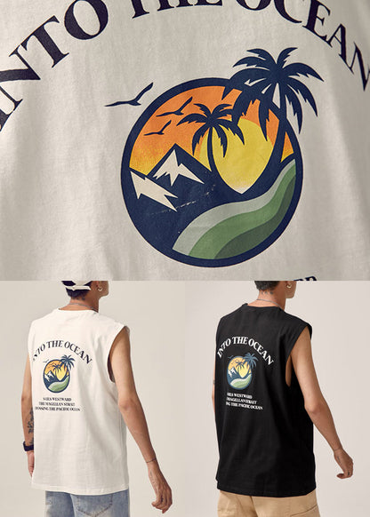 White Cotton Men Tank Neck O Print New Sleeveless