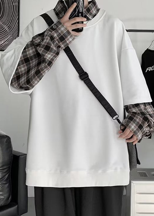 Plaid New Cotton False White Two Patchwork Mens Pieces