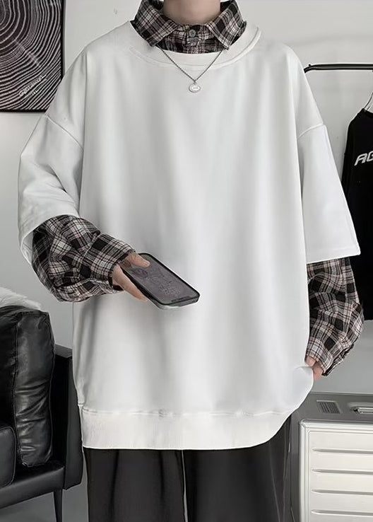 Plaid New Cotton False White Two Patchwork Mens Pieces