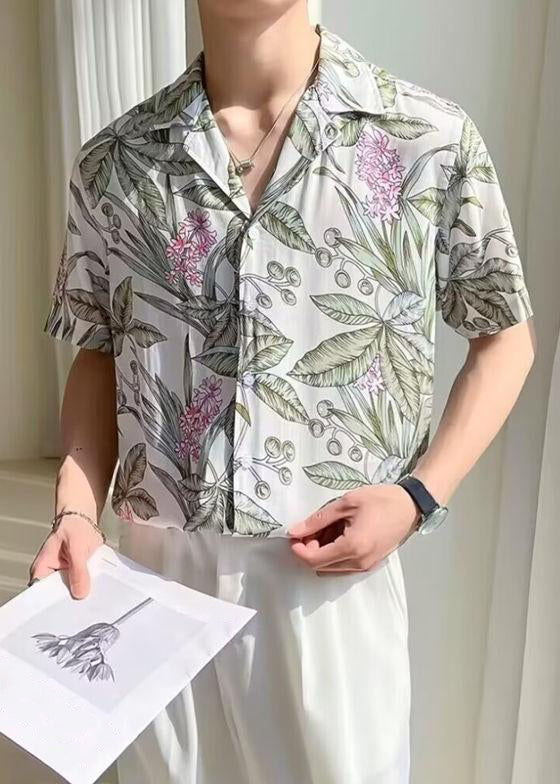 Shirts Button Mens Ice White Summer Print New Silk