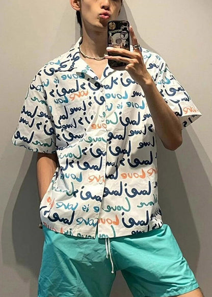 Print White Mens Shirts New Pockets Cotton Summer