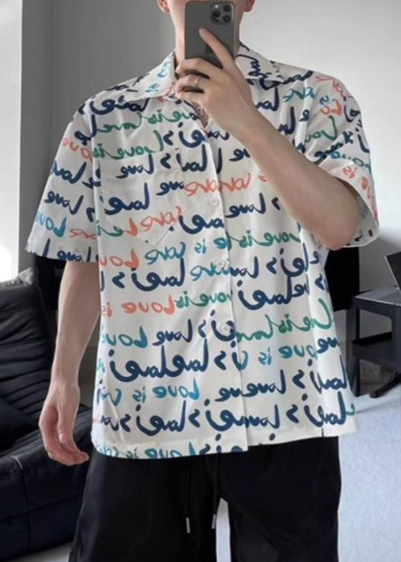 Print White Mens Shirts New Pockets Cotton Summer