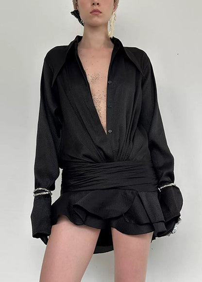 Shirts Sleeve New Long Ruffled Dress Patchwork White Chiffon