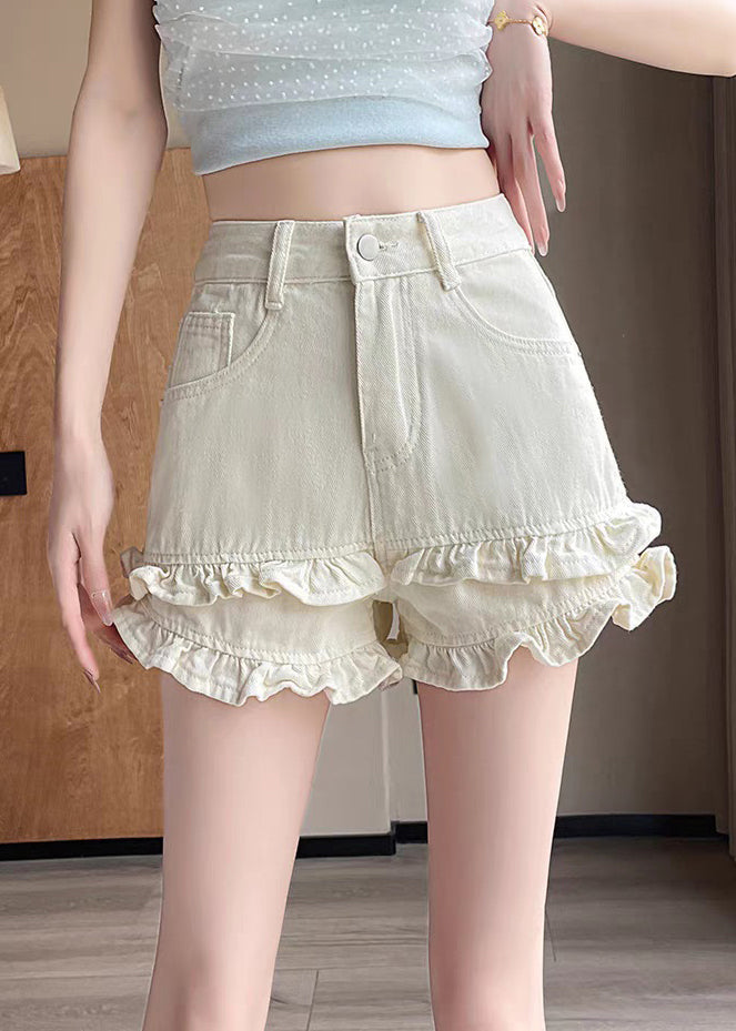 New Denim White Pockets Shorts Ruffled Summer