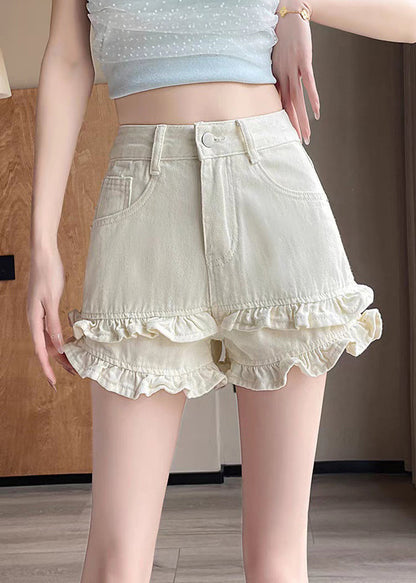 New Denim White Pockets Shorts Ruffled Summer