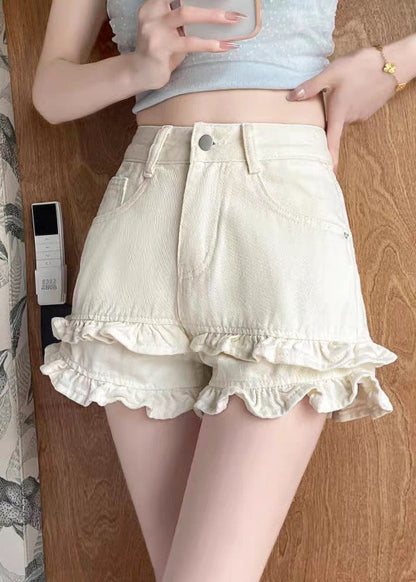 New Denim White Pockets Shorts Ruffled Summer
