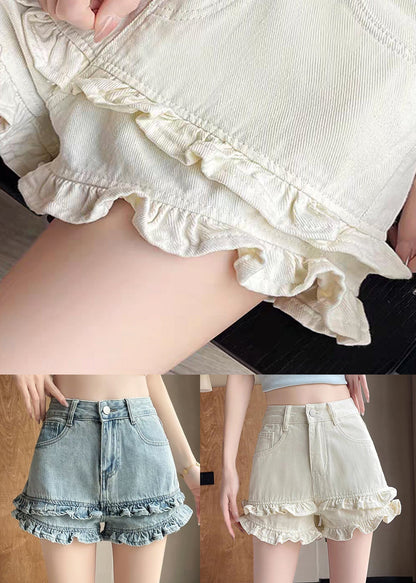 New Denim White Pockets Shorts Ruffled Summer