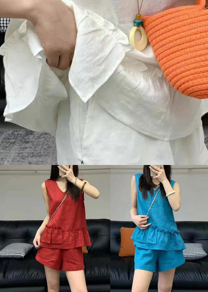 Pieces Two White Solid Ruffled Pockets Linen Set Summer New