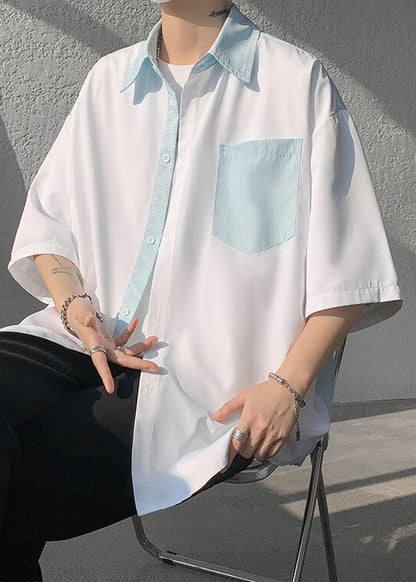 Patchwork New Button Shirts White Striped Pockets Men Cotton
