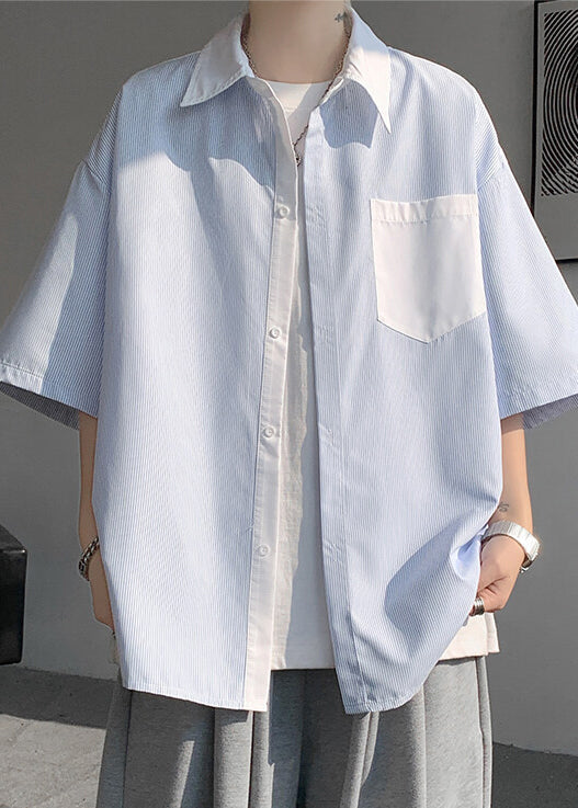 Patchwork New Button Shirts White Striped Pockets Men Cotton