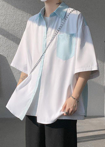Patchwork New Button Shirts White Striped Pockets Men Cotton