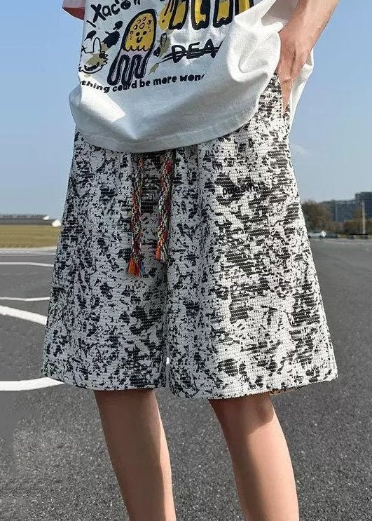 New Dye Men White Shorts Cotton Summer Elastic Waist Tie