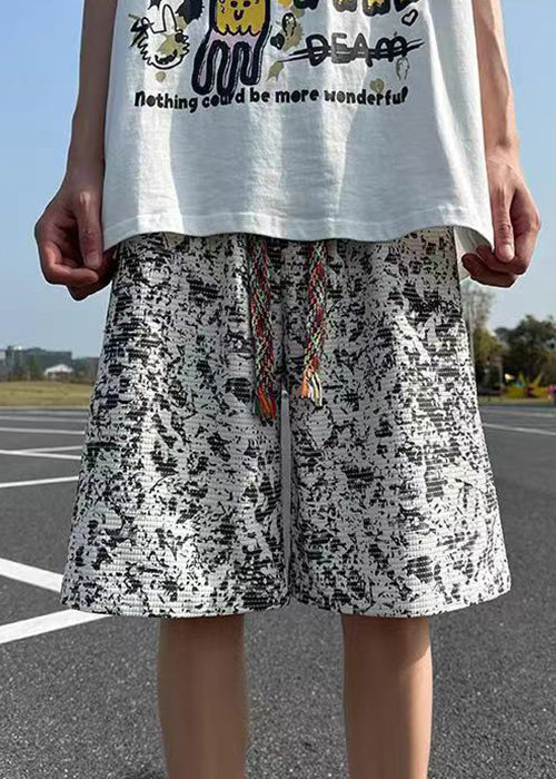 New Dye Men White Shorts Cotton Summer Elastic Waist Tie