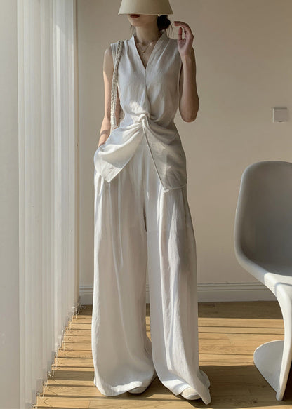 Front Open White Wide Tops Pants And Leg V Cotton New Two Neck