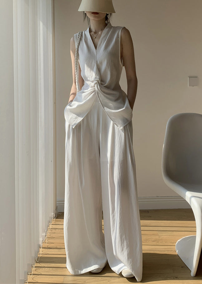 Front Open White Wide Tops Pants And Leg V Cotton New Two Neck