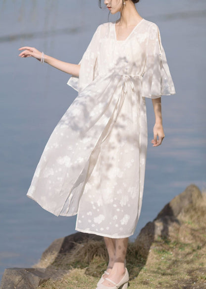 New White V Neck Lace Up Chiffon Two Pieces Set Half Sleeve KK032