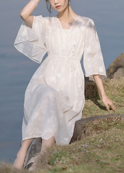 New White V Neck Lace Up Chiffon Two Pieces Set Half Sleeve KK032