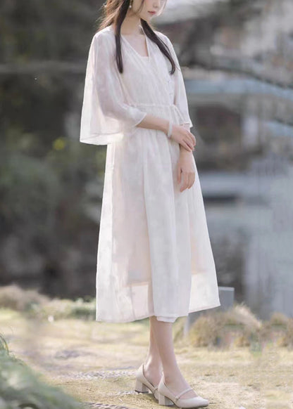 New White V Neck Lace Up Chiffon Two Pieces Set Half Sleeve KK032