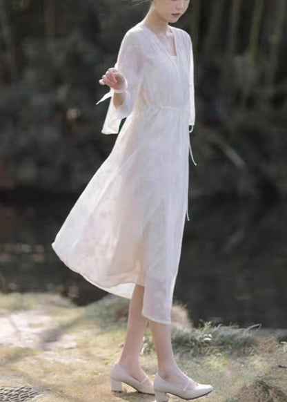 New White V Neck Lace Up Chiffon Two Pieces Set Half Sleeve KK032