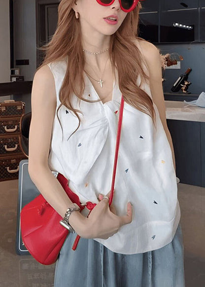 Print White V Sleeveless Tank New Neck Cotton