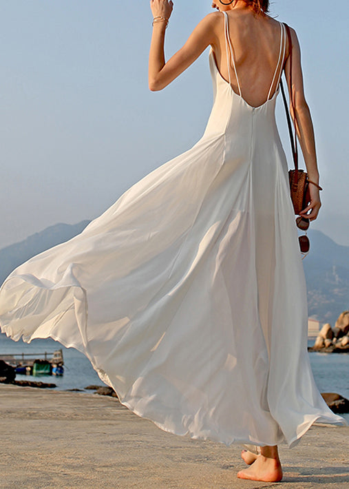 Dress Spaghetti White Chiffon Sleeveless New V Strap Solid Neck