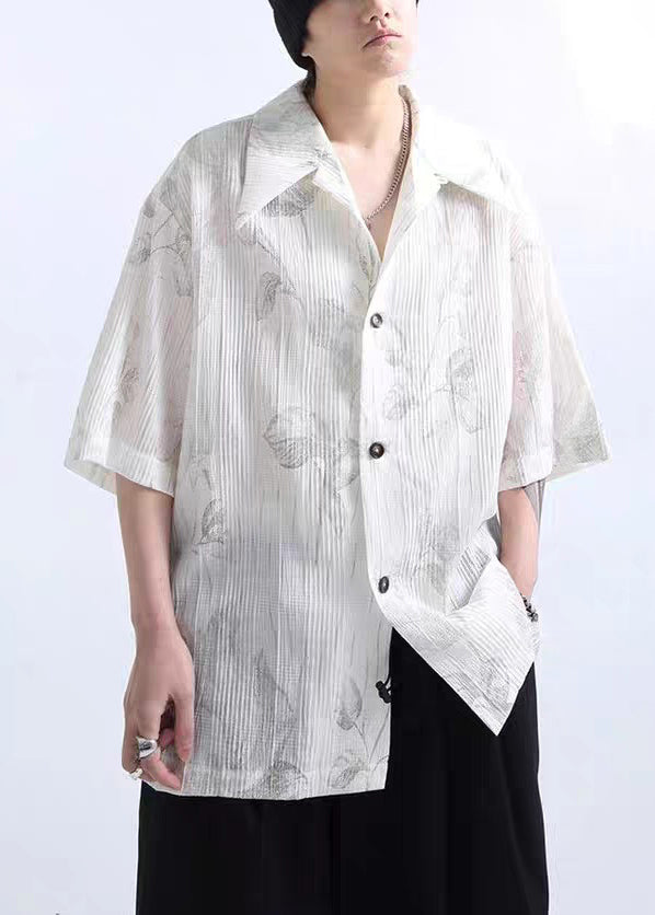 Print Half Mens White Shirts Sleeve New Cotton Wrinkled