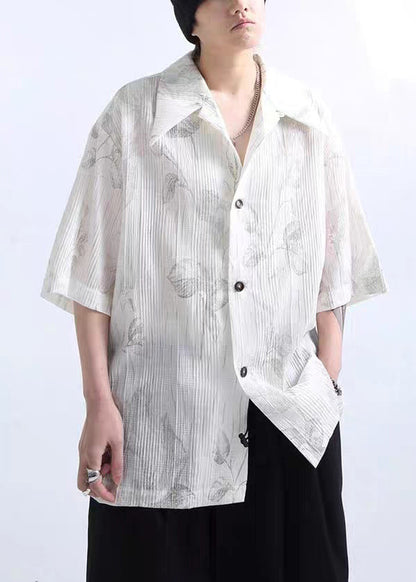 Print Half Mens White Shirts Sleeve New Cotton Wrinkled