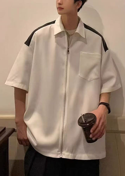 Cotton White New Mens Half Pockets Patchwork Zippered Shirts