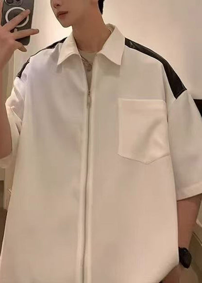 Cotton White New Mens Half Pockets Patchwork Zippered Shirts