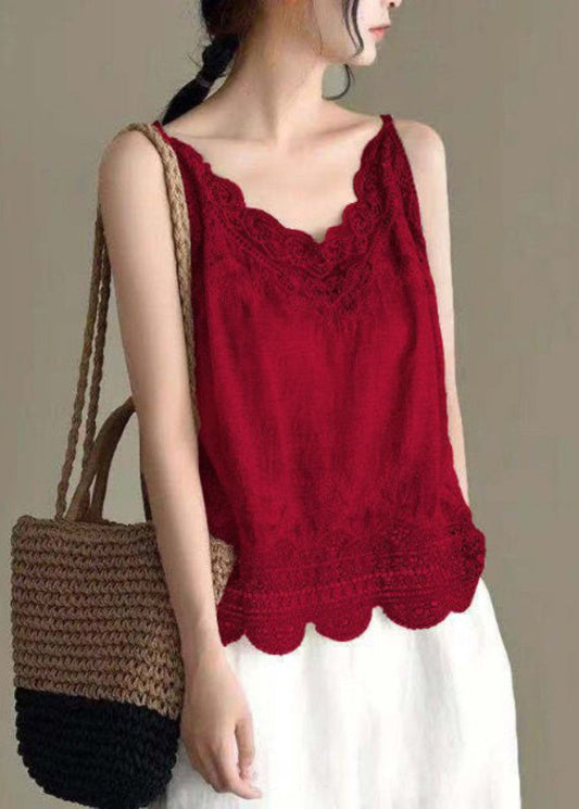 Out Lace Wine Red New Strap Tanks Hollow Linen Spaghetti