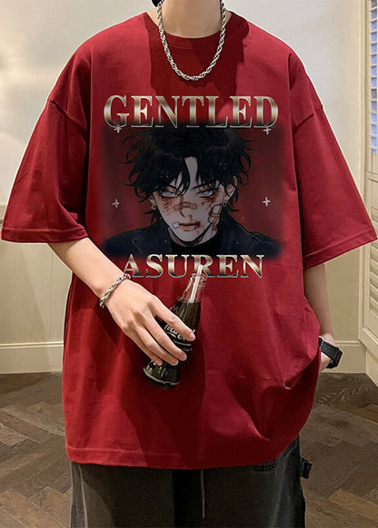 Cotton Mens Wine Red Print New Shirts Oversized Half T Sleeve